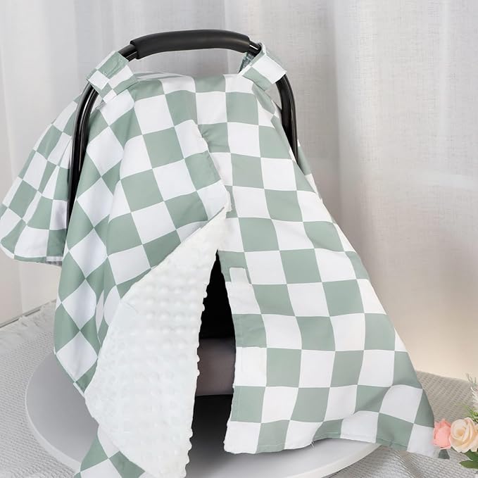 DILIMI Baby Car Seat Cover, Minky Warm Winter Car Seat Covers for Babies, Peekaboo Opening Infant Car Seat Cover, Nursing Cover Carseat Canopy, Green Checkered