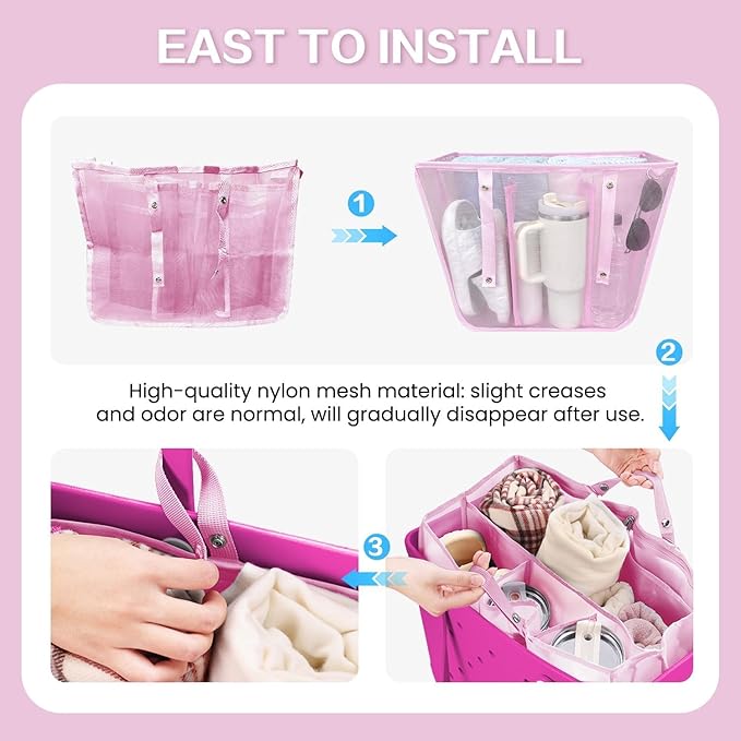 XYFuuee Beach Bag Organizer Insert for XL Simple Modern Bag Accessories, with 8 Removable Metal Fasteners, Extra Large Lightweight Mesh Inserts Divider Pouch, Organizing Rubber Tote, Save Space, Pink