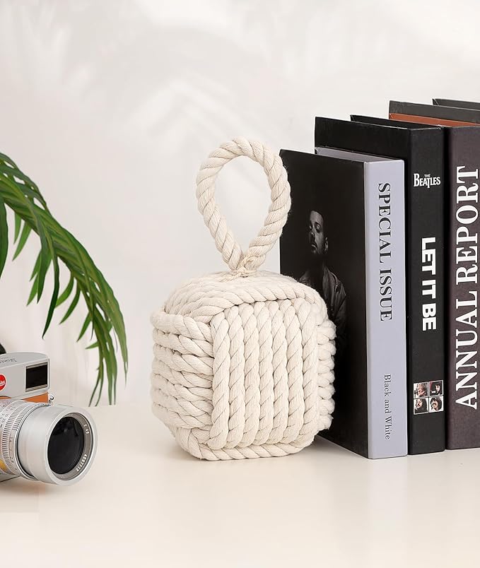 2Pack Decorative Door Stoppers - Cute Rope Knot Design, Heavy Duty Weighted Doorstop with Inside Mount for Home & School, Beige