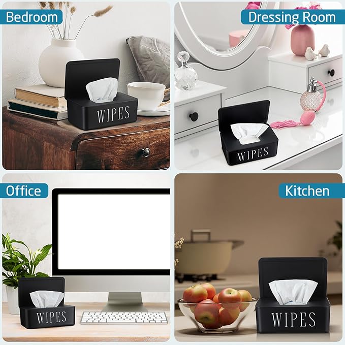 Singhoow 4 Pack Baby Wipes Dispenser Refillable Wipe Holder with Lid Toilet Wipes Container for Bathroom Tissue Paper Storage Box for Home Office (Black)