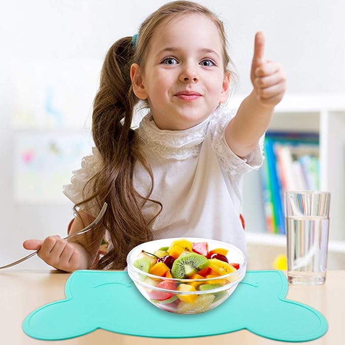 M MOACC Toddlers Non-Slip Silicone Placemat Cute Bear Kids Placemats Washable Dining Table Food Mat for Children Baby,Mint Green