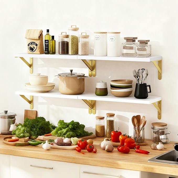 Fixwal Floating Shelves for Wall, Wood Wall Mounted Shelves for Bedroom, Bathroom, Living Room, Kitchen Storage and Decor(White, Set of 4, 16.5 Inch)