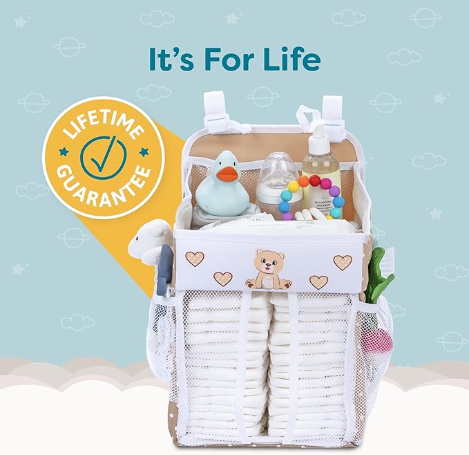Hanging Diaper Caddy - Baby Shower Gifts Diaper Organizer for Changing Table - Hold 50+ Diapers - Nursery Baby Essentials for Newborn - Teddy Design - 17x9x9 inches