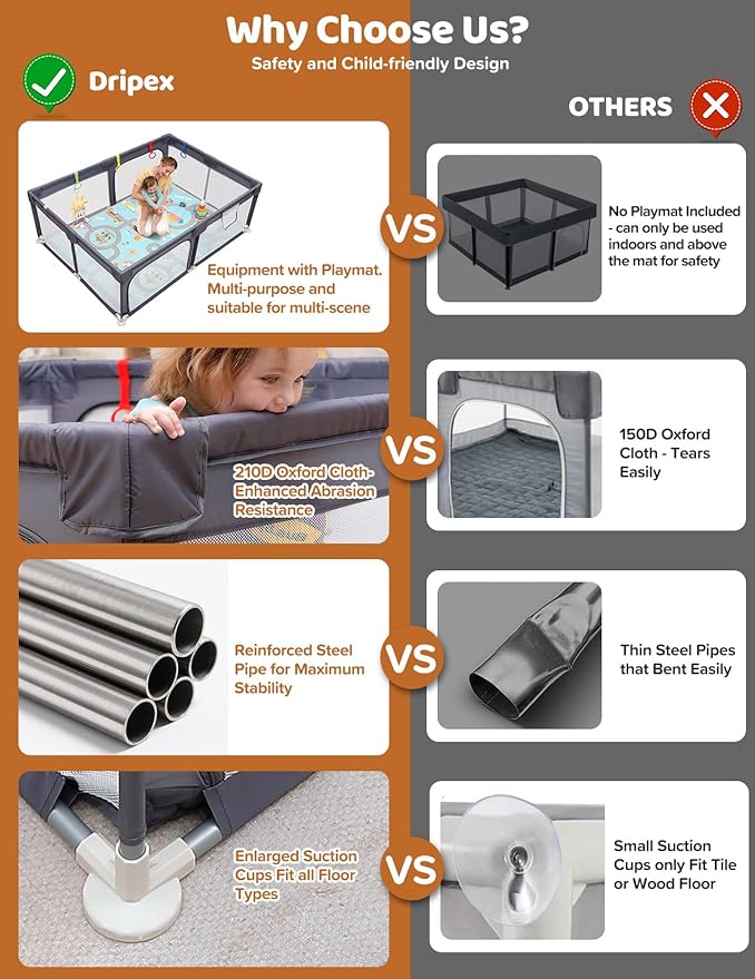 Dripex Baby Playpen with Mat, 71"x47" Play Pen for Toddlers 1-3 Years, Soft Breathable Visible Mesh, Indoor/Outdoor Portable Play Yard with Mat, Safe Baby Fence Play Area, Dark Grey