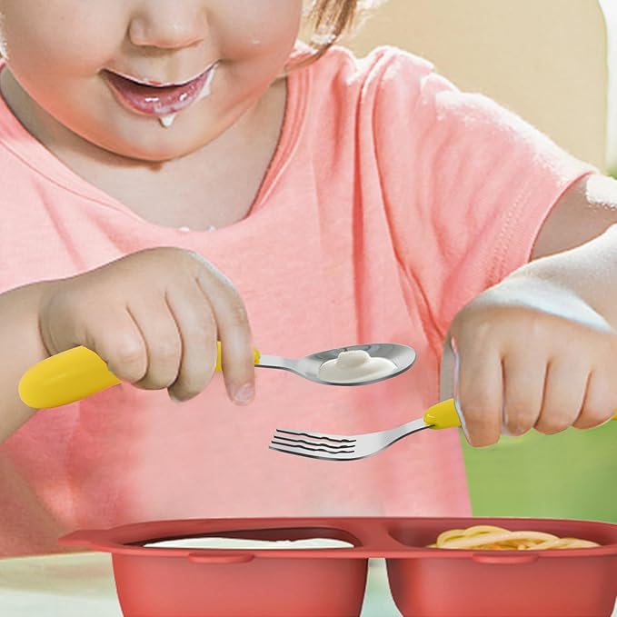 VANRA 2 Pieces Toddler Fork and Spoon Set with Travel Case 18/8 Stainless Steel Toddler Utensils Kids Silverware Children Flatware Child Cutlery Set for School Lunch Box (Yellow)