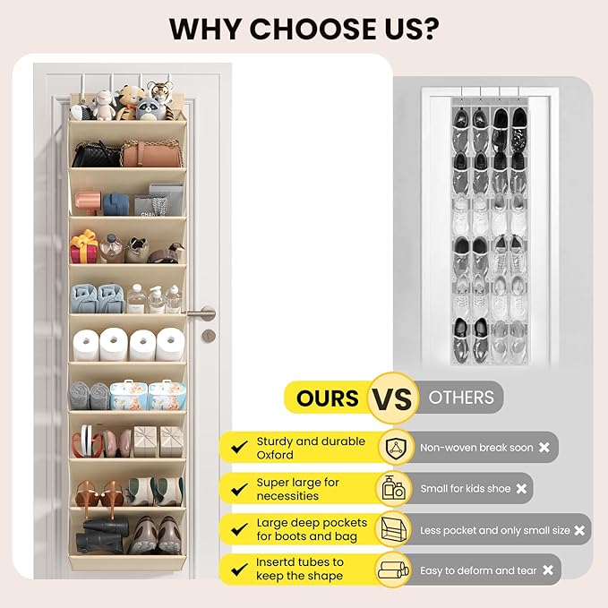 Mefirt 10 Tier Clear Over the Door Shoe Organizer with Deep Pockets, Door Shoes Rack with Hard Tube to Keep the Shape, Hanging Shoe Rack for Closet Organizers & Storage, Behind Door Shoe Holder Beige