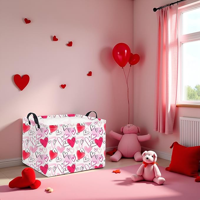 HIYAGON Rectangular Valentines Basket Fabric Storage Bin Storage Boxes Collapsible Storage Basket for Clothes Books Shelves Basket(Pink Purple Heart)
