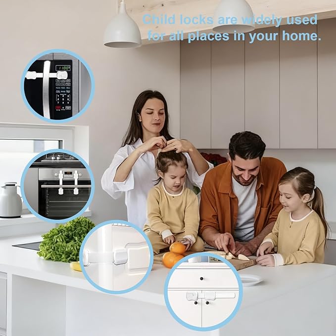 8-Pack Baby Locks Child Safety Cabinet Proofing Safe Quick and Easy Adhesive Cabinet Drawer Door Latches No Screws & Magnets for Drawers, Fridge, Dishwasher, Toilet Seat, Oven,Trash Can, No Drilling