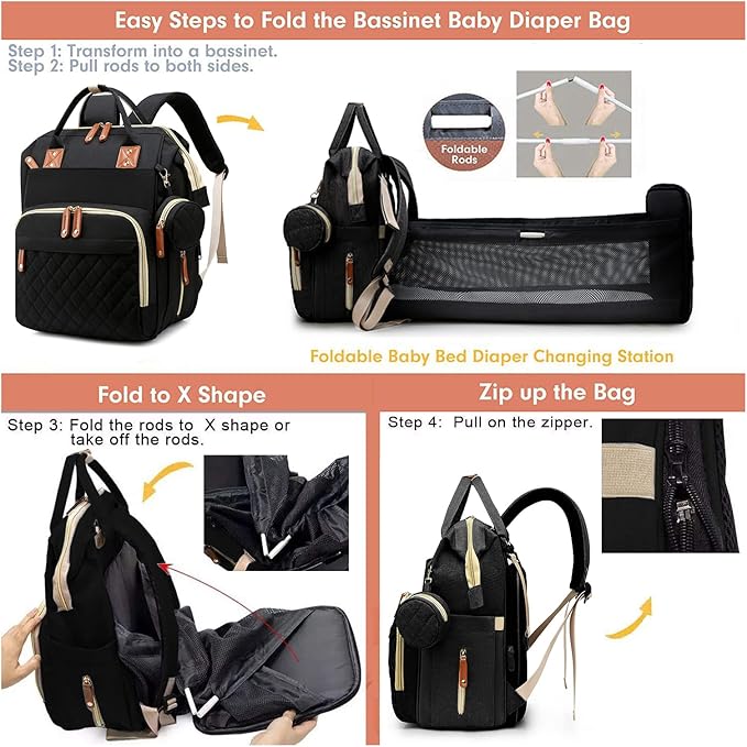 Lamroro Diaper Bag with Changing Station, Waterproof 3 in 1 Baby Diaper Backpack with Foldable Changing Pad, Large Travel Back Pack for Baby Girl Boy, Baby essentials, Black