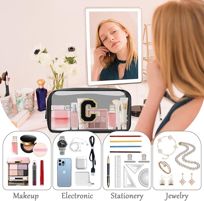 Personalized Initial Letter Clear Makeup Bag,Preppy Small Nylon&PVC Cosmetic Zipper Bag with Chenille Letter,Travel Skincare Toiletry Bag,Monogram Christmas Gift for Teen Girls Women,C