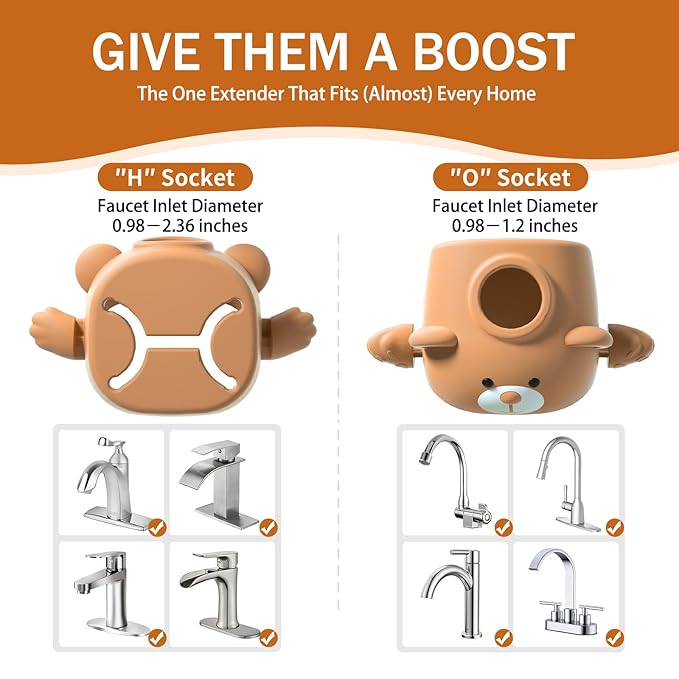 Skyroku Faucet Extender for Kids, Temperature-Sensitive Faucet Spout Extension for Independent Hand Washing - Cute Bear Design, Fits Most Bathroom & Kitchen Sinks(Brown 2P)