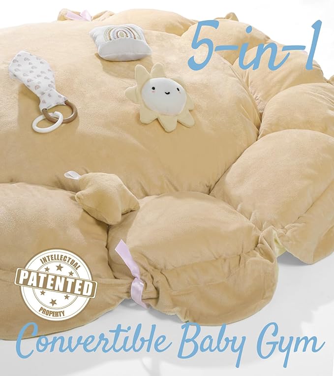 5-in-1 Thick & Plush Baby Play Gym, Baby Play Mats for Floor, Tummy Time Mat with 6 Toys, Convertible Stage-Based Developmental from Babies to Toddlers, Ball Pit, Cream