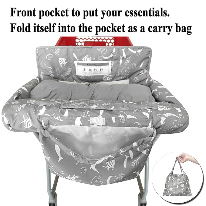 Love&go Soft Pillow Attached 2-in-1 Shopping Cart and High Chair Cover for Baby, Cotton Padded Cart Cover, Fold'n Roll Style, Portable with Carry Bag (Gray Seaworld)