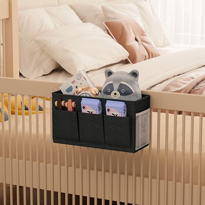 Edudif Dual-purpose Bedside Caddy Bedside Organizer, Bed Caddy with 6 Pockets, Versatile Bedside Storage Solution Magazine Remotes holder, ideal for Home, Dorm, Hospital, Crib Bed (Black 2 pcs)