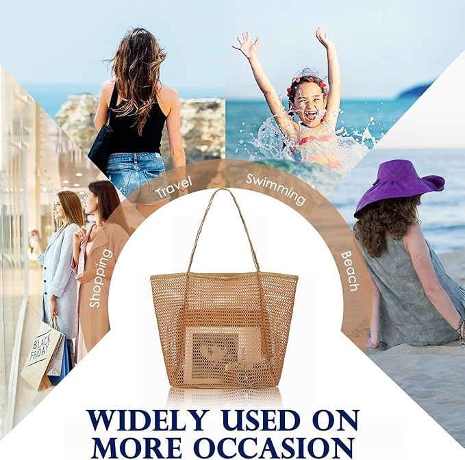 Mesh Beach Bag, Large Beach Tote with Zipper Pocket for Family Pool Bag for Toys & Vacation Essentials