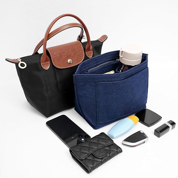 Felt Purse Organizer Insert for Longchamp Le Pliage L Handbag Insert (Dark Blue, Large)