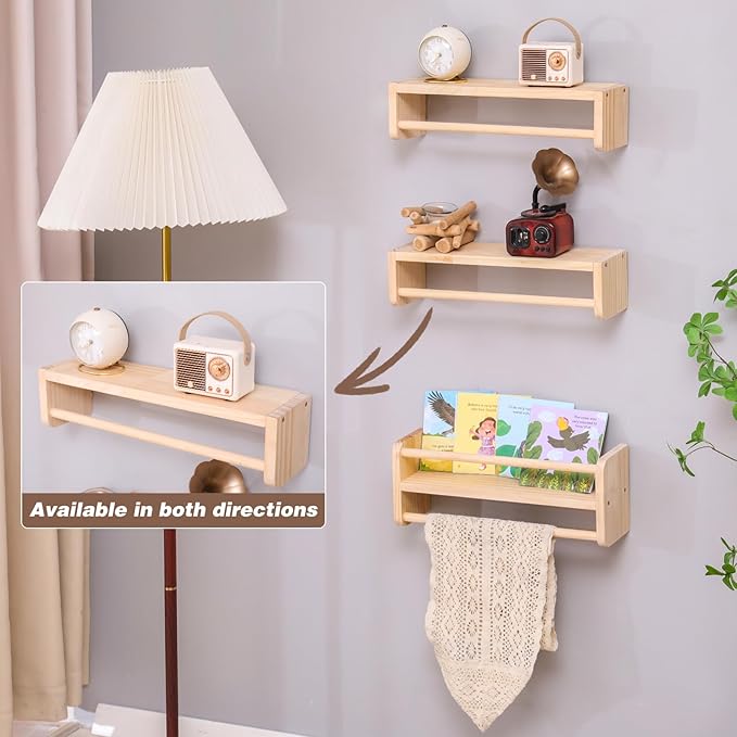Wall mounted multifunctional storage rack, natural pine kindergarten bookshelf, furniture decoration rack, children's room floating bookshelf, bathroom, kitchen seasoning bracket (3-piece set)