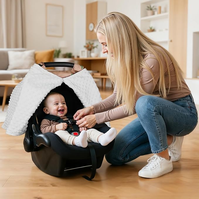 Rquite Car Seat Cover Baby, Carseat Covers Baby Girl, Winter Infant Car Seat Cover, Warm Minky Car Seat Canopy, Baby Carrier Cover with Peekaboo Opening, Multi Use Nursing Cover & Toddler Blanket
