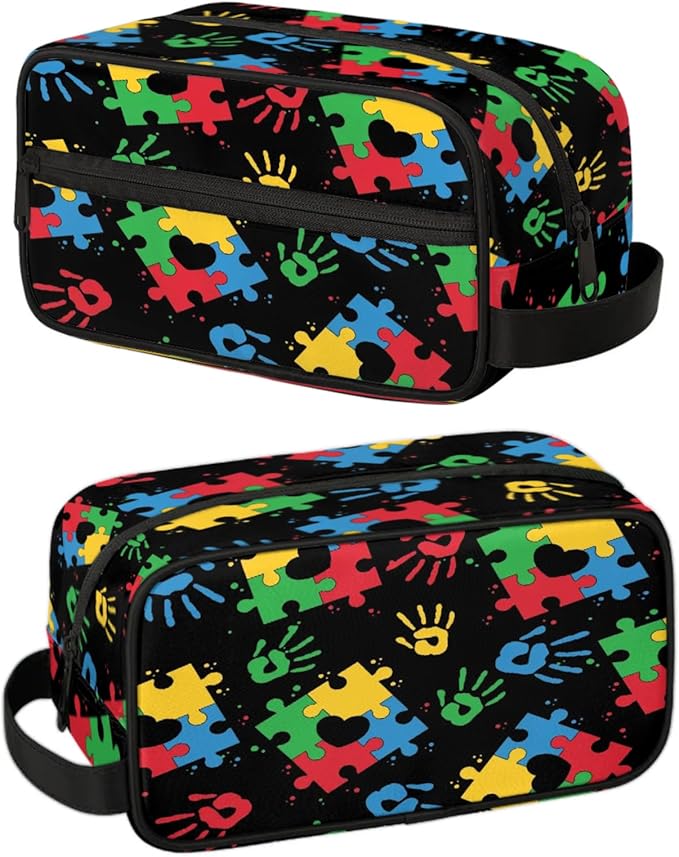 Travel Toiletry Bag for Kids Colorful Puzzle Waterproof Hanging Cosmetic Pouch Dopp Kit Medicine Organizer Bag for Girls & Boys