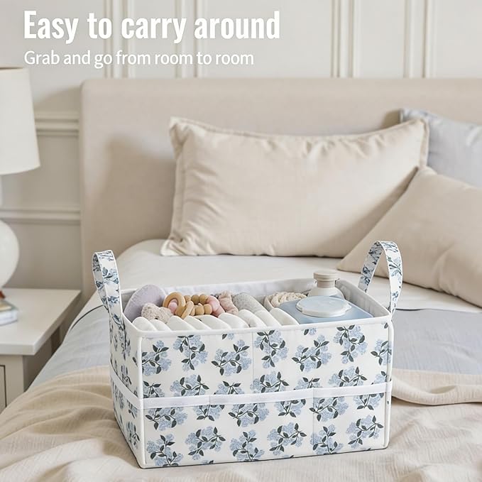 birowtec Floral Diaper Caddy Organizer with Removable Dividers Blue Flower Baby Nappy Caddy for Nursery/Car/Changing Table, Decorative Storage for Newborn Essentials Gift for New Mom