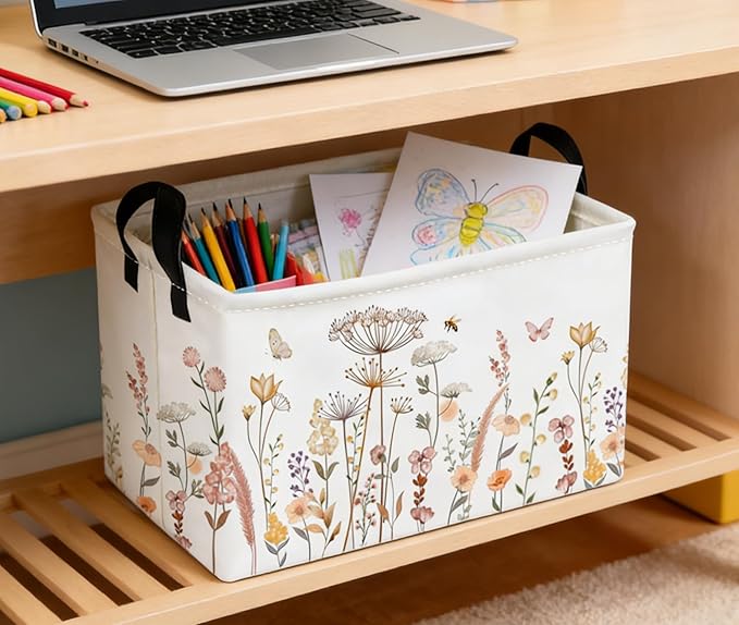 Essme Rectangular Flower Basket,Kids Storage Bins Organizer with Handles for Girls Room Decor, Gift Basket,Shelf Basket.(Beautiful Flowers)