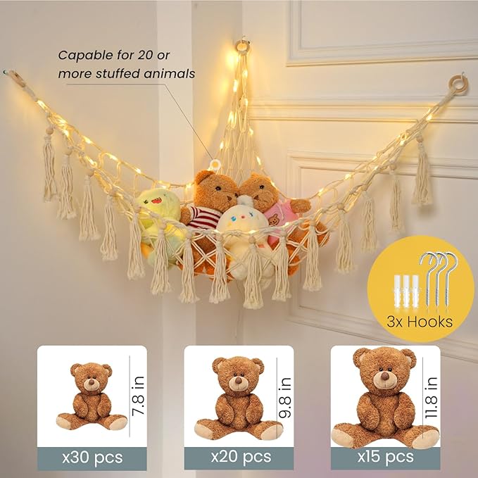 Stuffed Animal Hammock with 88LEDs, 63in Extra Large Toy Storage Macrame Hammock, Hanging Toy Net for Kids Bedroom Doll Room Corner Organizer, USB Plush Toys Net with Remote(Beige, XXL)