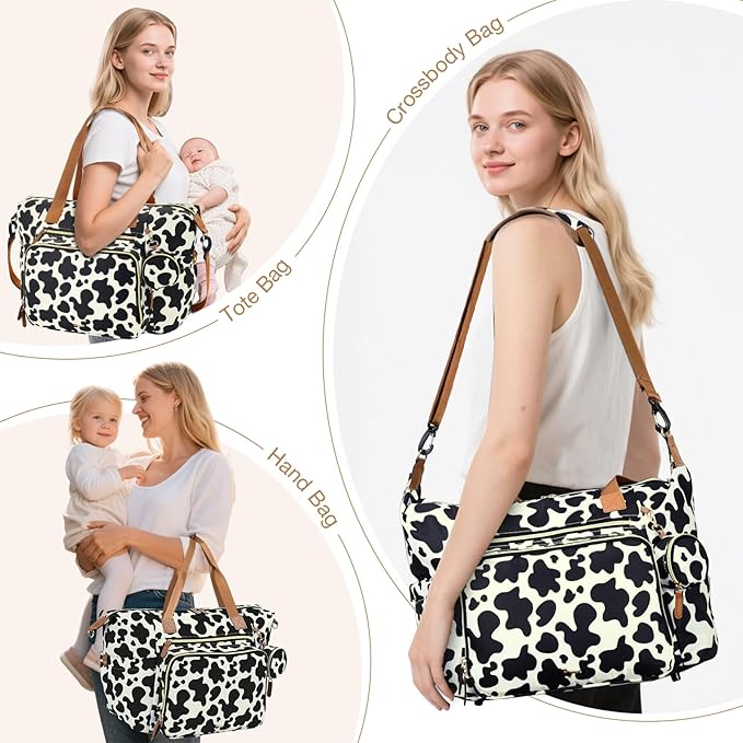 Tonyeee Diaper Bag Tote, Large Baby Diaper Bags for Travel, Hospital Bag for Labor Delivery with Pacifier Case, Changing Pad, Shoulder Strap, Cow Print