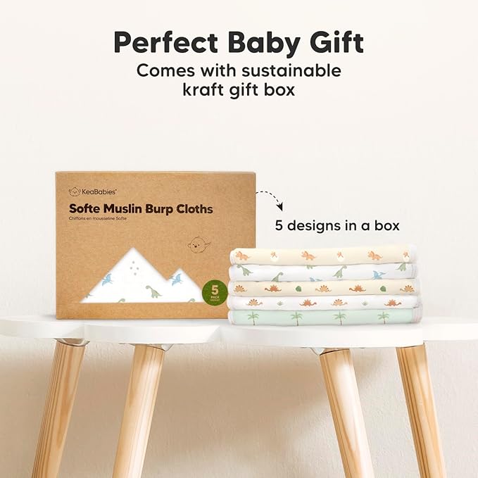 5-Pack Muslin Burp Cloths Baby Boy, Girl - Very Absorbent Baby Burp Cloth Rags, 8-Layers Viscose Derived from Bamboo Cotton Muslin Towel, Super Soft Spit Up Rags, No Shrink Washcloths (Roarsome)