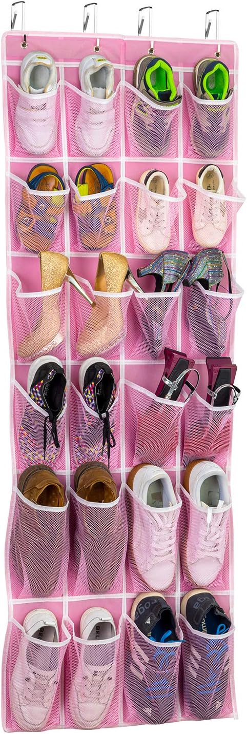 SAVERHO Hanging Shoe Organizer, Over The Door Shoe Organizer with 24 Breathable Mesh Pockets for Men Women Kids Hanging Shoe Storage Rack Organizer Size:58x21 Inchļ¼Pinkļ¼