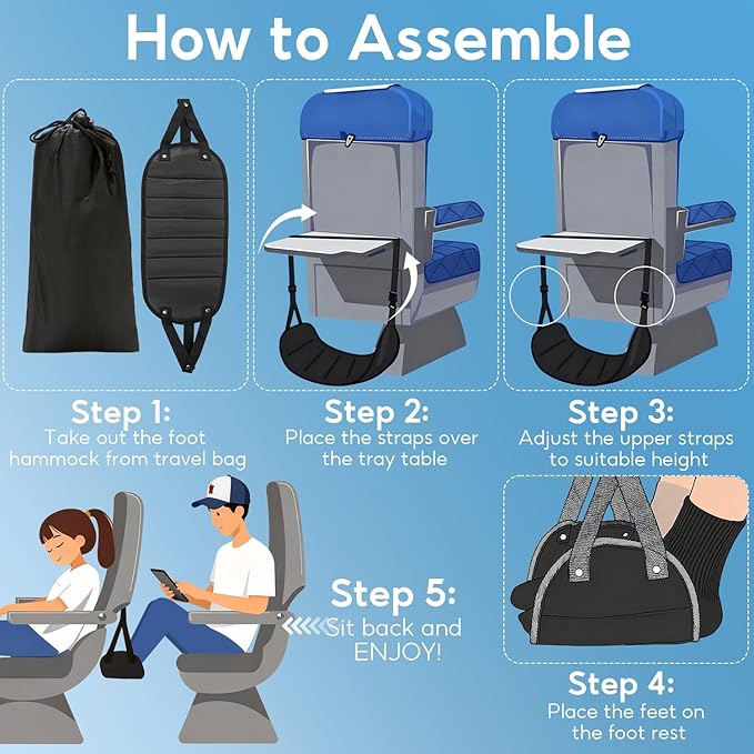 2-Pack Airplane Foot Hammock, Adjustable Plane Foot Rest for Long Flight, Plane Travel Essentials to Relax Your Feet, Foot Rest for Air Travel, Desk & Car