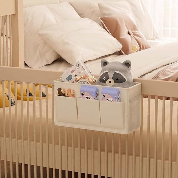 Edudif Dual-purpose Bedside Caddy Bedside Organizer, Bed Caddy with 6 Pockets, Versatile Bedside Storage Solution Magazine Remotes holder, ideal for Home, Dorm, Hospital, Crib Bed (White 2pcs)