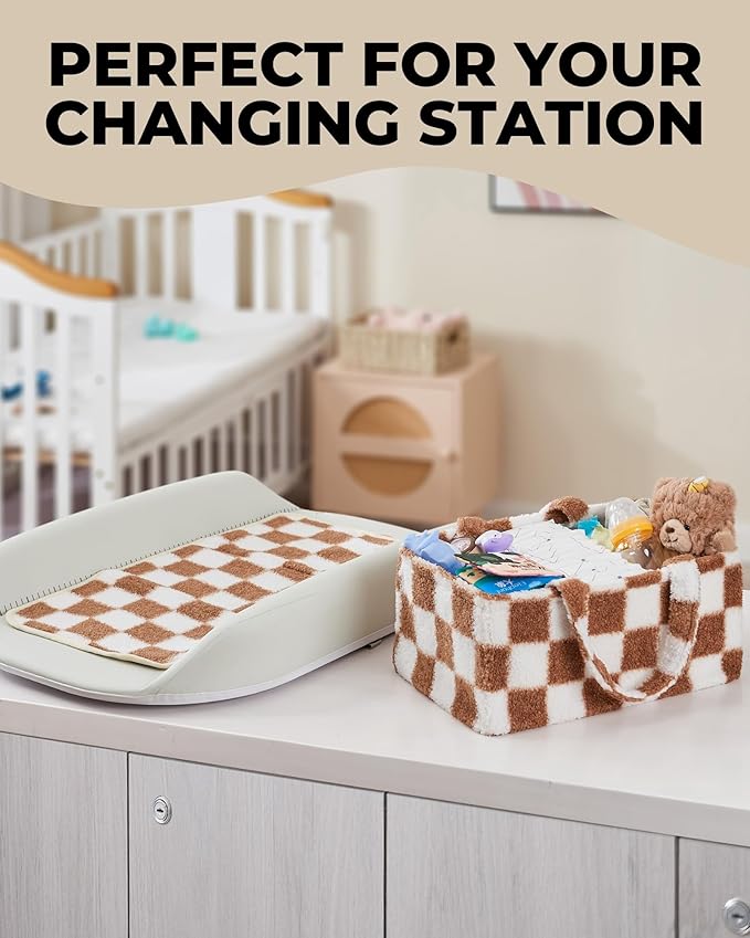 Toodly Checkered Diaper Caddy Organizer with Portable Changing Mat - Teddy Fleece Diaper Organizer for Changing Table - Caddy Organizer with Removable Dividers - Light Taupe and White