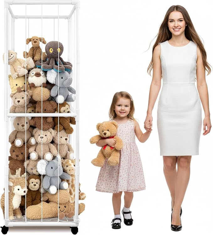 Stuffed Animal Storage Zoo with Wheels, 65" Tall Large Stuff Animals Plushies Holder Toy Organizer Kids Plush Storage Cage PVC with Elastic Band and Net for Nursery Playroom Corner for Toddler