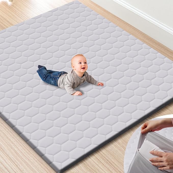TINYHARBO Premium Foam Baby Play Mat with Removable Cover, 50x50 Extra Thick Padding Playpen Mat, Non-Slip Floor Mat, Stylish & Easy to Clean for Crawling Baby, Infants & Toddlers, Grey