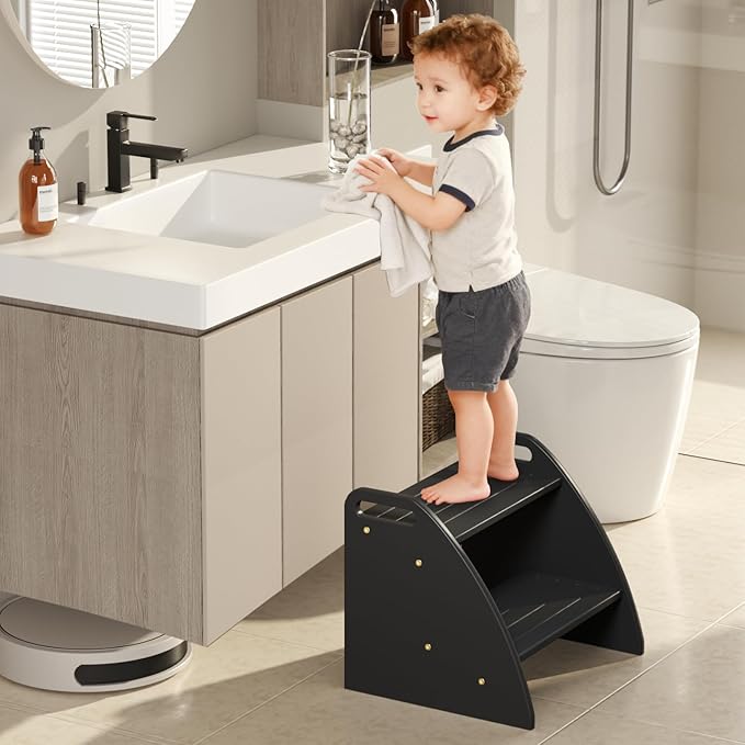 Step Stool for Toddlers, Two Stepping Stool Toddler 300lbs Capacity, with Non-Slip Handles and Pads,Black Kids Step Stool for Bathroom Sink, Perfect Natural Wooden Step Stool for Kitchen