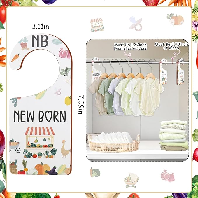 Baby Closet Dividers 8PCS, Locally Grown/Farmer's Market Themed Wooden Double-Sided Clothes Size Hanger Organizer from Newborn to Toddler for Nursery Decor Baby Shower Birthday Gift