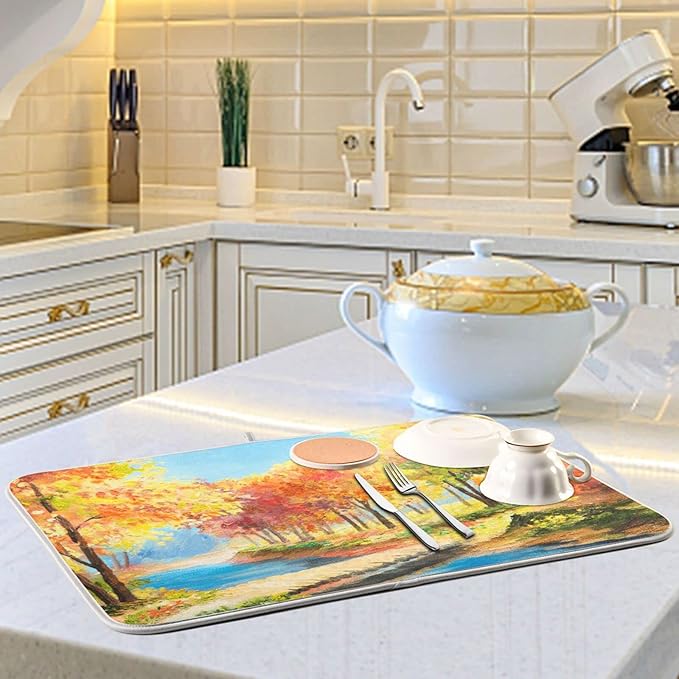 Absorbent Dish Drying Mat for Kitchen Counter - Forest Oil Painting Autumn Microfiber Drying Pad, Reversible Drainer Mats for Countertop, Small 16" x 18"