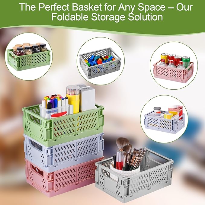 HUUSMOT 4-Pack Small Pastel Plastic Storage Baskets, Collapsible Crates for Organizing, Space-Saving Mini Bins for Classroom, Kitchen, Office, Bedroom (Pink, 9.8" x 6.5" x 3.8")