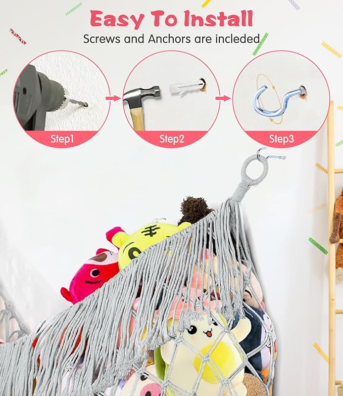 Stuffed Animal Hammock - Extra Large 56'' Long, Stuffed Animal Storage, stuffed animal Holder net, Hammock Large, Storage Hanging Organizer - Light grey