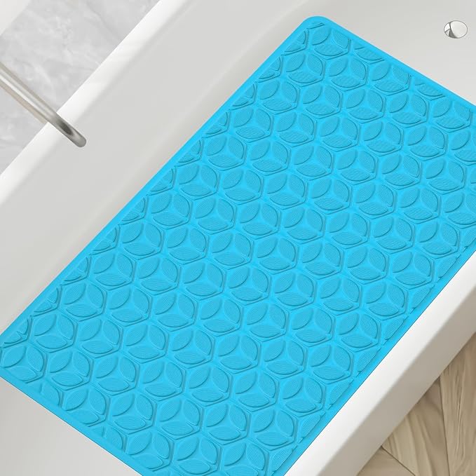 Bathtub Mat Non Slip with Suction Cups - 100% Rubber Bathroom Mat Textured for Bath Tub Shower Safety - Soft on Touch - BPA/PVC Free - Pet Dog Bath Mat - Machine Washable - 16 × 28 Inch(R Blue)