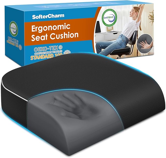 SofterCharm Seat Cushion, Memory Foam Office Chair Cushions for Long Sitting Hours, Chair Pad for Sciatica, Coccyx, Tailbone, Hip Pain & Pressure Relief, Office, Home, Car Seats, Airplane, Black/Large