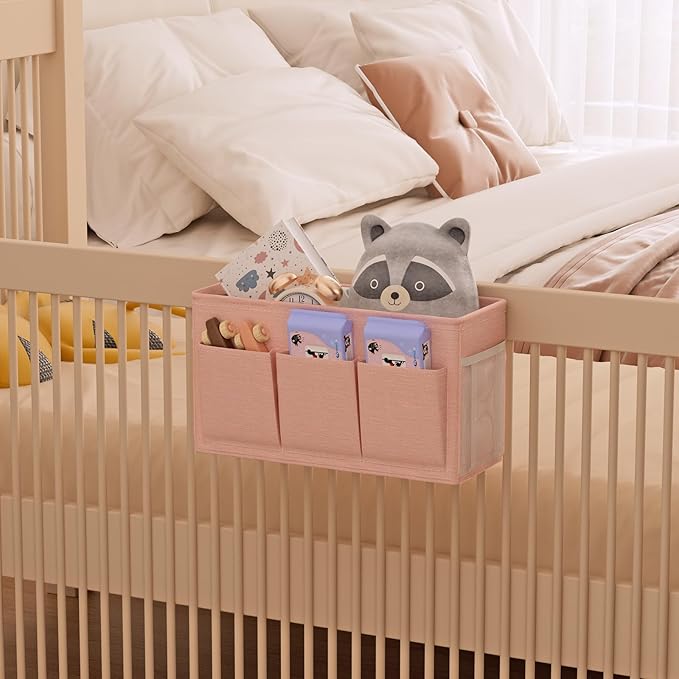 Edudif Dual-purpose Bedside Caddy Bedside Organizer, Bed Caddy with 6 Pockets, Versatile Bedside Storage Solution Magazine Remotes holder, ideal for Home, Dorm, Hospital, Crib Bed (Pink 2pcs)