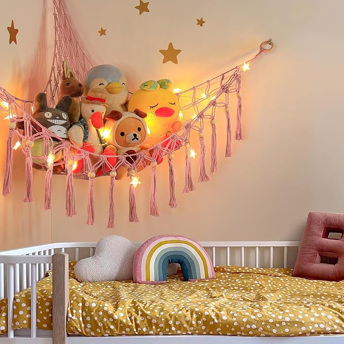 Stuffed Animal Storage Hammock Corner with LED Light - Toy Hanging Organizer Plushie Net - Pink Room Decor for Teen Girls - Cute Bedroom Aesthetic Nursery Kids Baby Toddler
