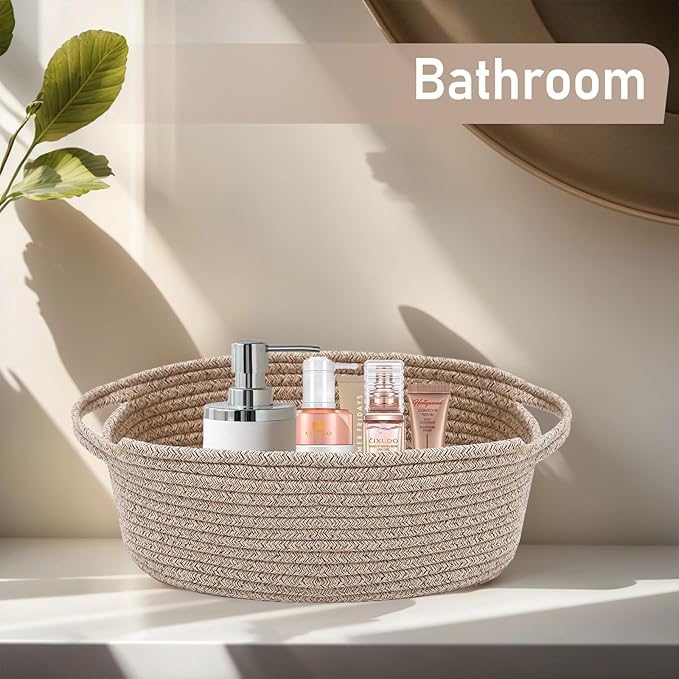 JMvicyroam Woven Basket,Small Rope Storage Bin with Handles & Ribbon Bag, Organizer for Shelves Closets,Gift Basket Empty for Birthday,Books,Dog Toys,Oatmeal
