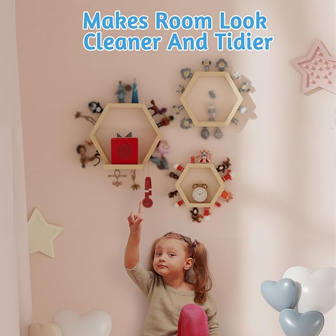 Hexagon Tonies Shelf Magnetic - Tonies Storage Shelf Set of 3 for Kids Room, Wooden Magnetic Display Shelf for Tonie Box Holder, Wall Floating Shelves Toy Storage Compatible with Tonie Accessories