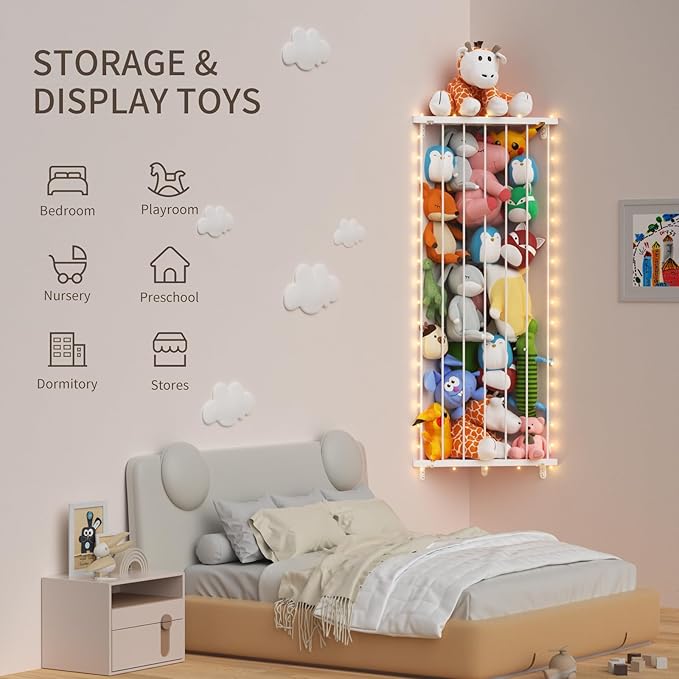 Stuffed Animal Storage Shelf Organizer(Patented) - Corner Stuffed Animal Holder Length Adjustable - Wall Plush Storage for Nursery Playroom Bedroom Kids Room (Milky White, Standard)