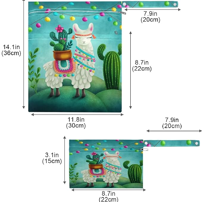 visesunny Cute Llama 2Pcs Wet Bag with 2 Zippered Pockets Snap Handle Washable Reusable Roomy for Travel,Beach,Pool,Daycare,Stroller,Diapers,Dirty Gym Clothes, Wet Swimsuits, Toiletrie