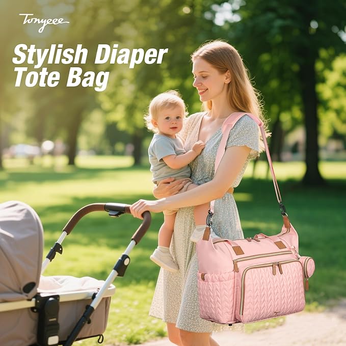 Tonyeee Diaper Bag Tote, Large Diaper Bags Waterproof, Hospital Bag for Labor Delivery, Baby Bag with Pacifier Case, Travel Diaper Tote with Changing Pad, Pink