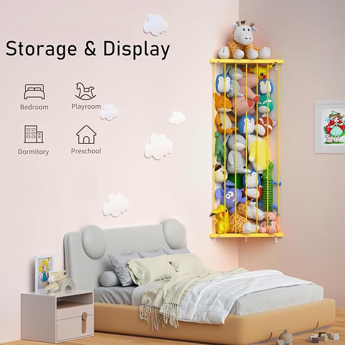Stuffed Animal Storage Shelf Organizer - Corner Stuffed Animal Holder Length Adjustable - Wall Plush Storage Net for Playroom Bedroom (Yellow, Standard)