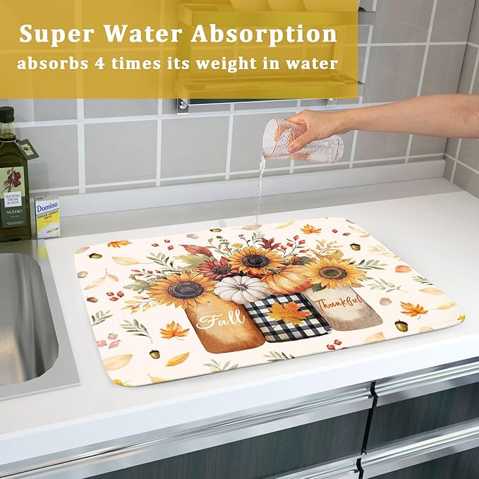 Autumn Sunflowers Vase Dish Drying Mat for Kitchen Counter,Fall Pumpkin Maple Leaves Drying Mat 18 x 24 Inch with High Absorbent Microfiber Dish Drying Drainer Mat for Coffee Bar